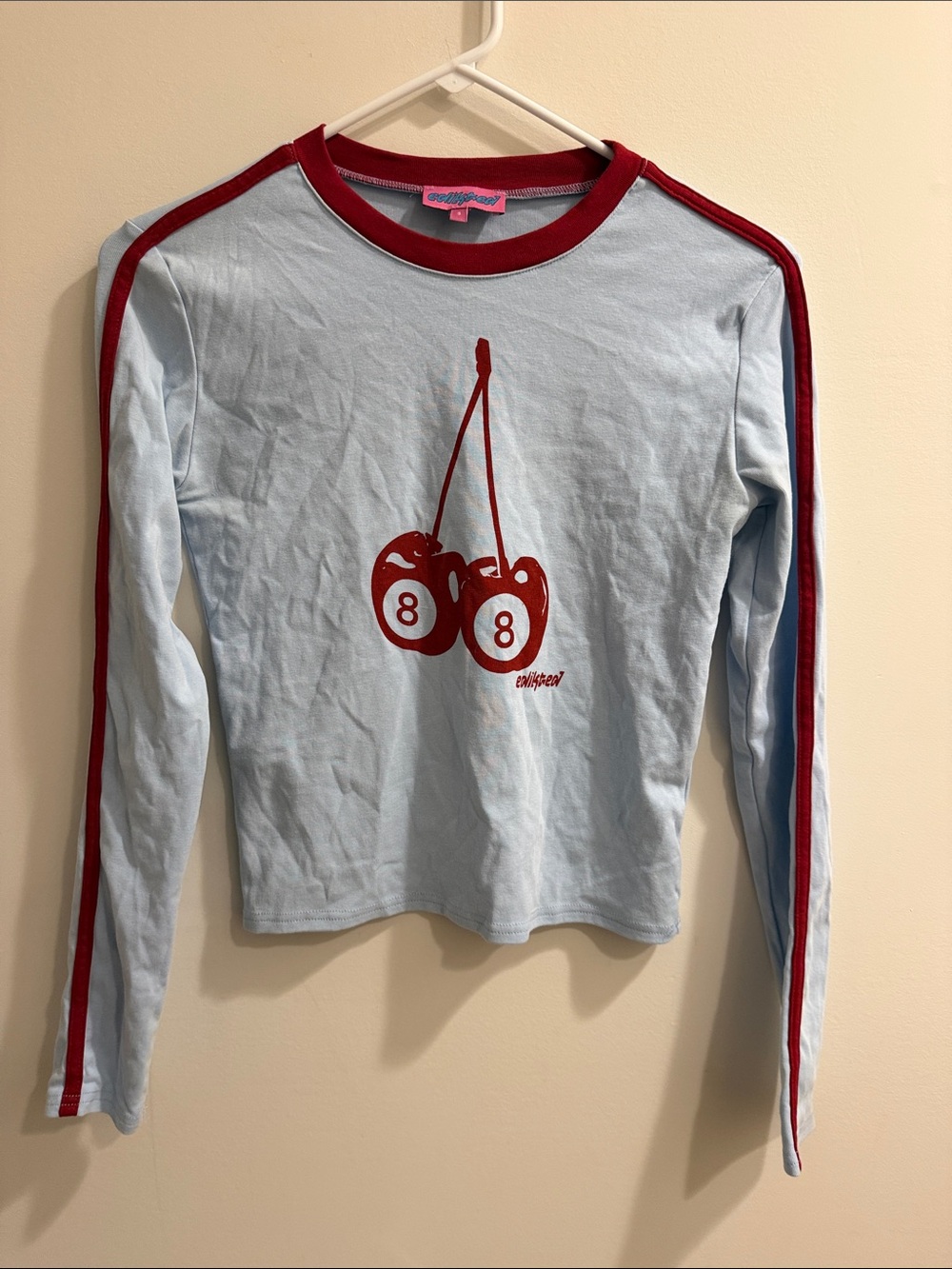 Edikted Light Blue Long-Sleeve Tee with Red Cherry Graphic